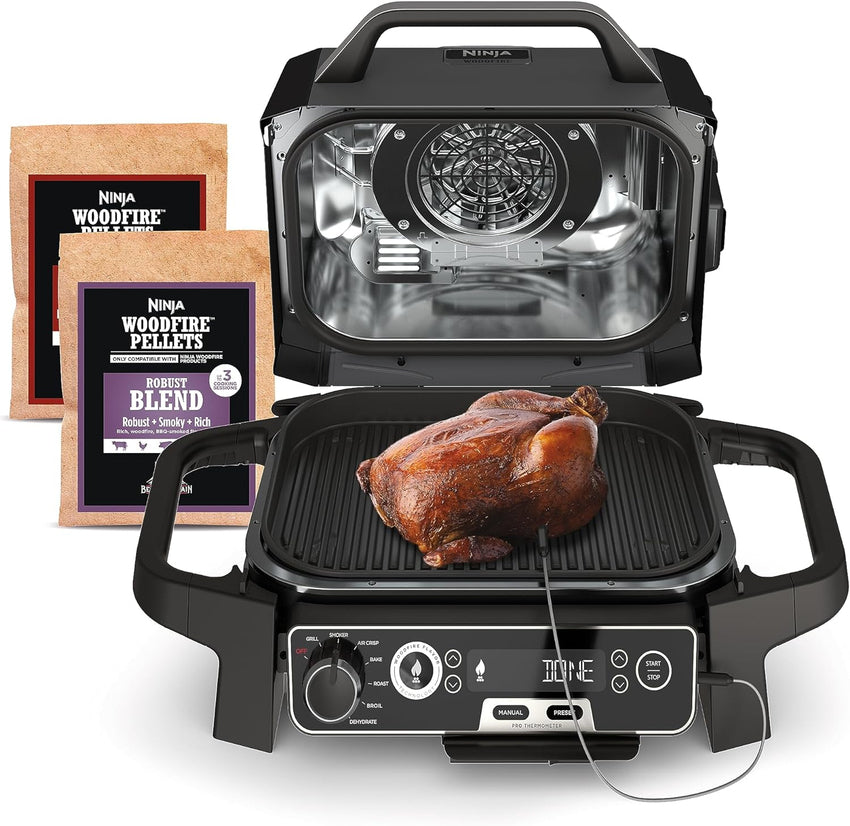 7-in-1 Grill & Smoker with Thermometer. Air Fryer. BBQ. Bake. Roast. Broil - Portable Electric Outdoor Grill. Grey