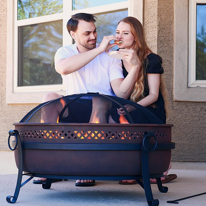 SUNCREAT 42 Patio Fire Pit Wood Burning with Mesh Spark Screen. Bonfire Outdoor firepit with Fireplace Poker. Black