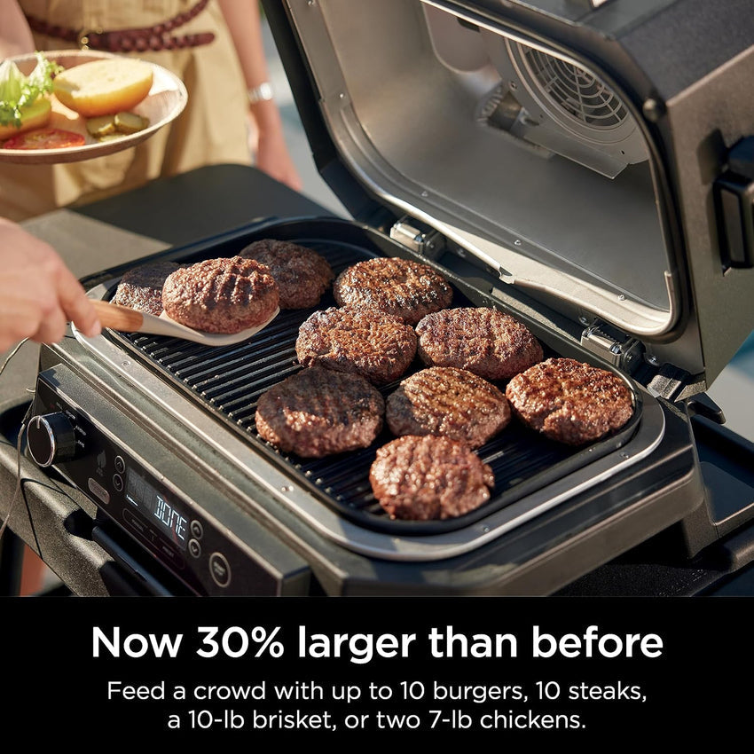 7-in-1 Grill & Smoker with Thermometer. Air Fryer. BBQ. Bake. Roast. Broil - Portable Electric Outdoor Grill. Grey