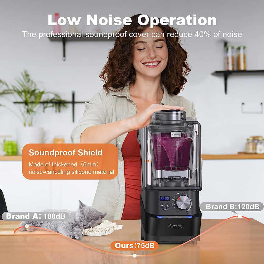Kitchen Quiet Professional Blender: Vacuum Commercial Blender for Shakes and Smoothies - 56 Ounce Industrial Countertop Blender - 1500 Watt High Power Smoothie Blender with Guard. 29015 (Black)