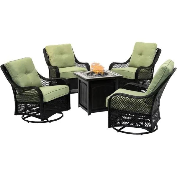 5-Piece Steel Patio Fire Pit Conversation Set with Navy Blue Cushions. Swivel Gliders and Square Fire Pit Table