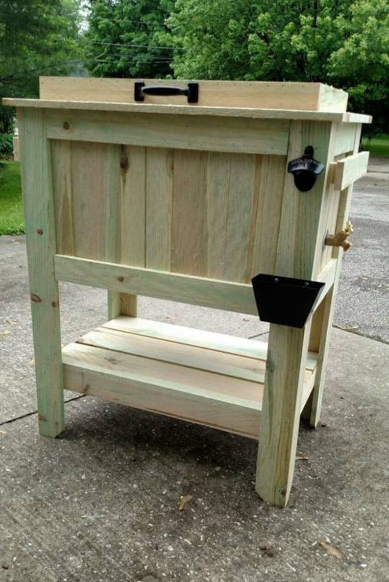 All Weather 48 Quart Antiqued Cedar Cooler Stand with Brass Drain. Bottle Opener and Cap Catcher. Beer Cooler.