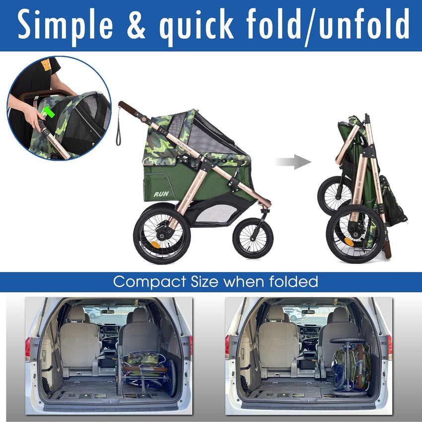 Jogging Sports Stroller with Comfort Rubber Wheels/Zipper-Less Entry/1-Hand Quick Fold/Aluminum Frame for Small/Medium Dogs. Cats and Pets (Green Camo)