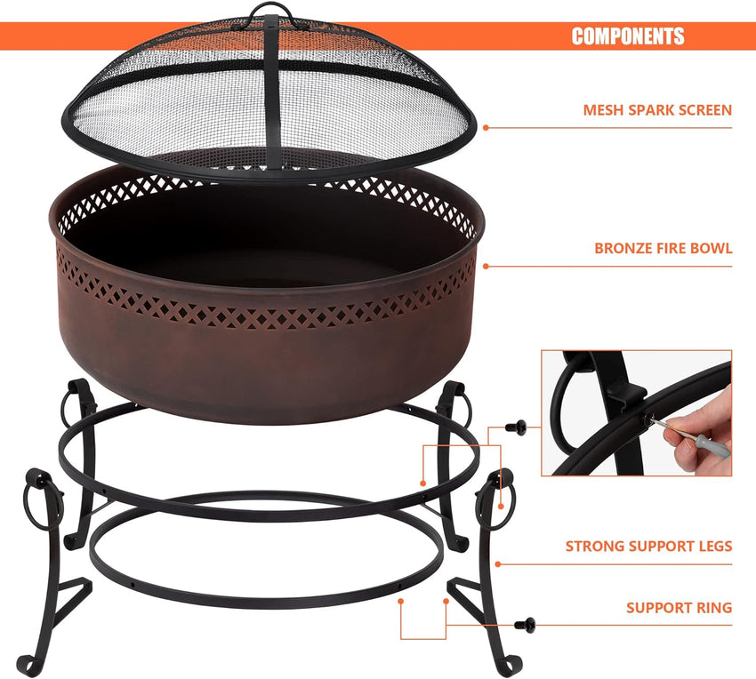 SUNCREAT 42 Patio Fire Pit Wood Burning with Mesh Spark Screen. Bonfire Outdoor firepit with Fireplace Poker. Black