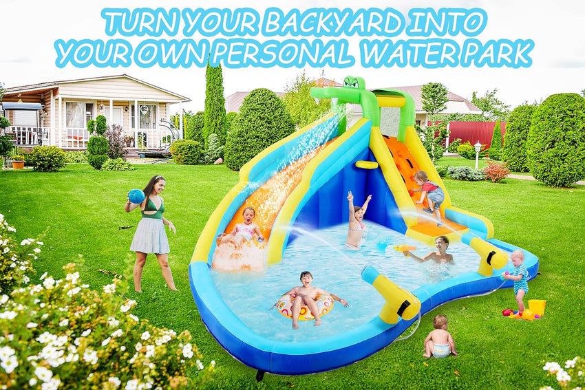 Inflatable Water Slides for Kids 8-in-1 Bounce House Water Park with 450W Blower Climbing Wall. Splash Pool. 2 Water Cannons. Basketball Hoop. Water Slide. Crocodile Sprinkler for Gift Backyard Party