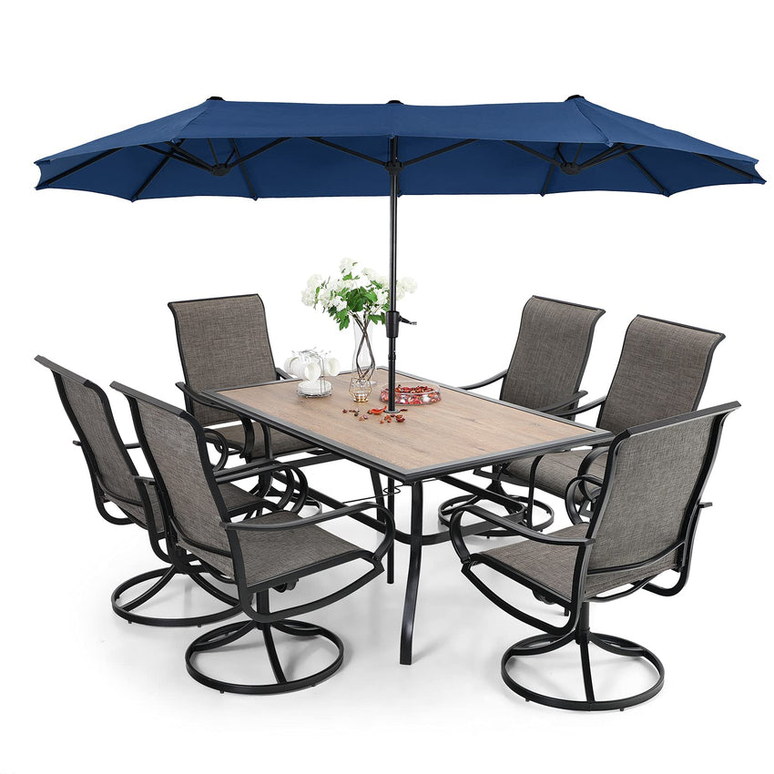 8 Pieces Patio Dining Set with Umbrella.Outdoor Furniture Set with 6 Sling Dining Swivel Chairs