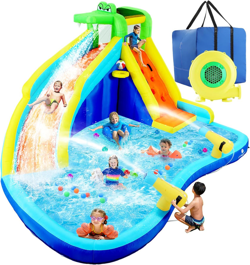Inflatable Water Slides for Kids 8-in-1 Bounce House Water Park with 450W Blower Climbing Wall. Splash Pool. 2 Water Cannons. Basketball Hoop. Water Slide. Crocodile Sprinkler for Gift Backyard Party